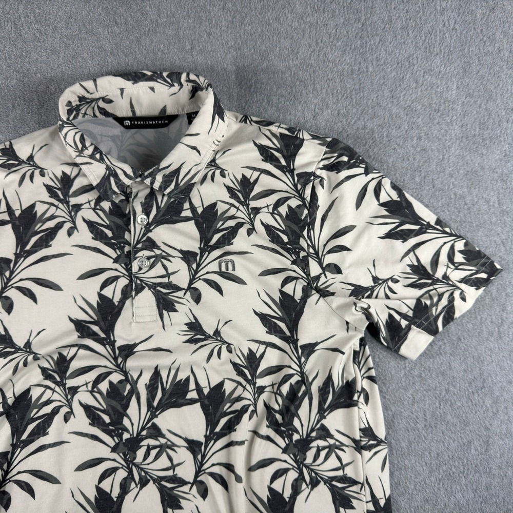 Travis Mathew Polo Shirt Mens M Gray Floral Trees Performance Golf Tech